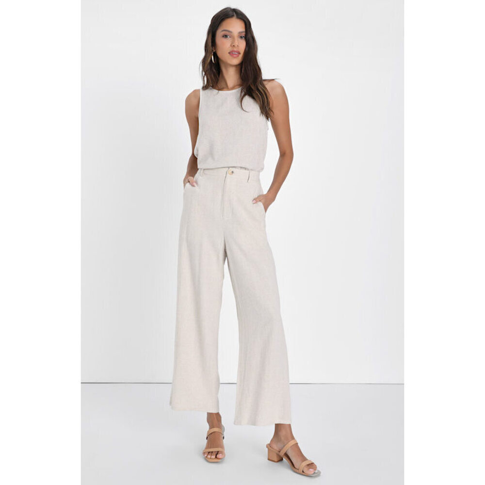Lulus Stylish Ease Beige Linen High-rise Wide-leg Trouser Pants - Size S